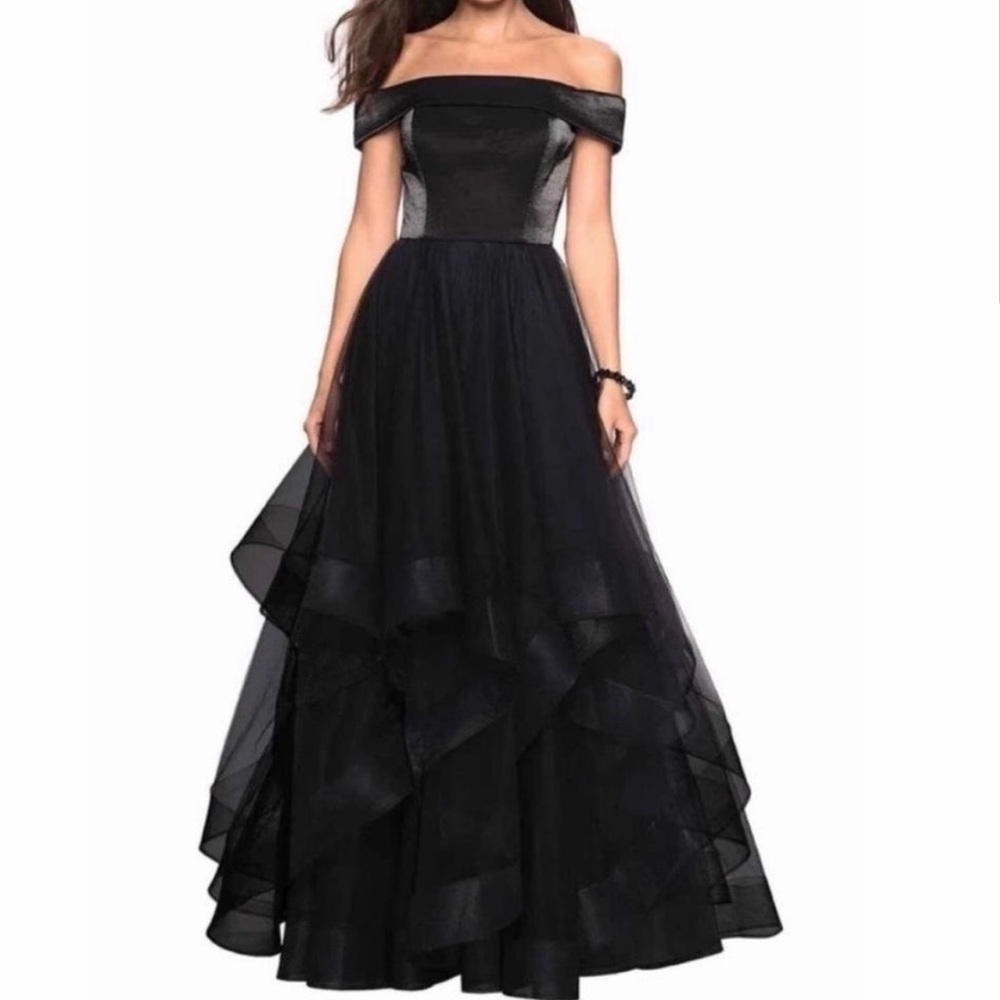 La Femme Black Off-Shoulder Maxi Dress
